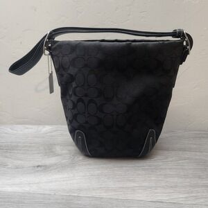 Vintage Coach Monogram Hobo Shoulder Bag Y2K Bucket Black Leather Trim Authentic